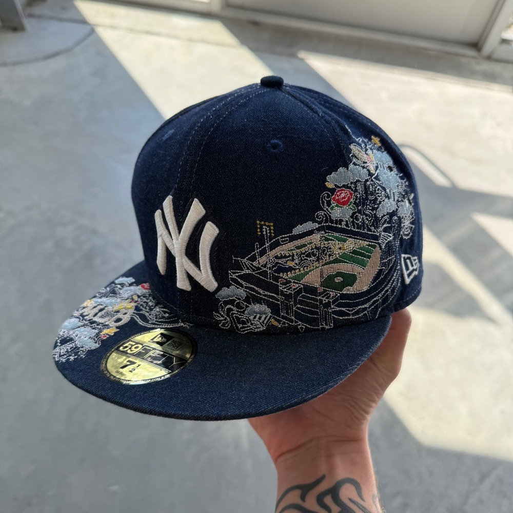 New Era 59FIFTY NY Yankees Stadium Denim Fitted Hat 7 1/2 Navy Blue MLB Cap